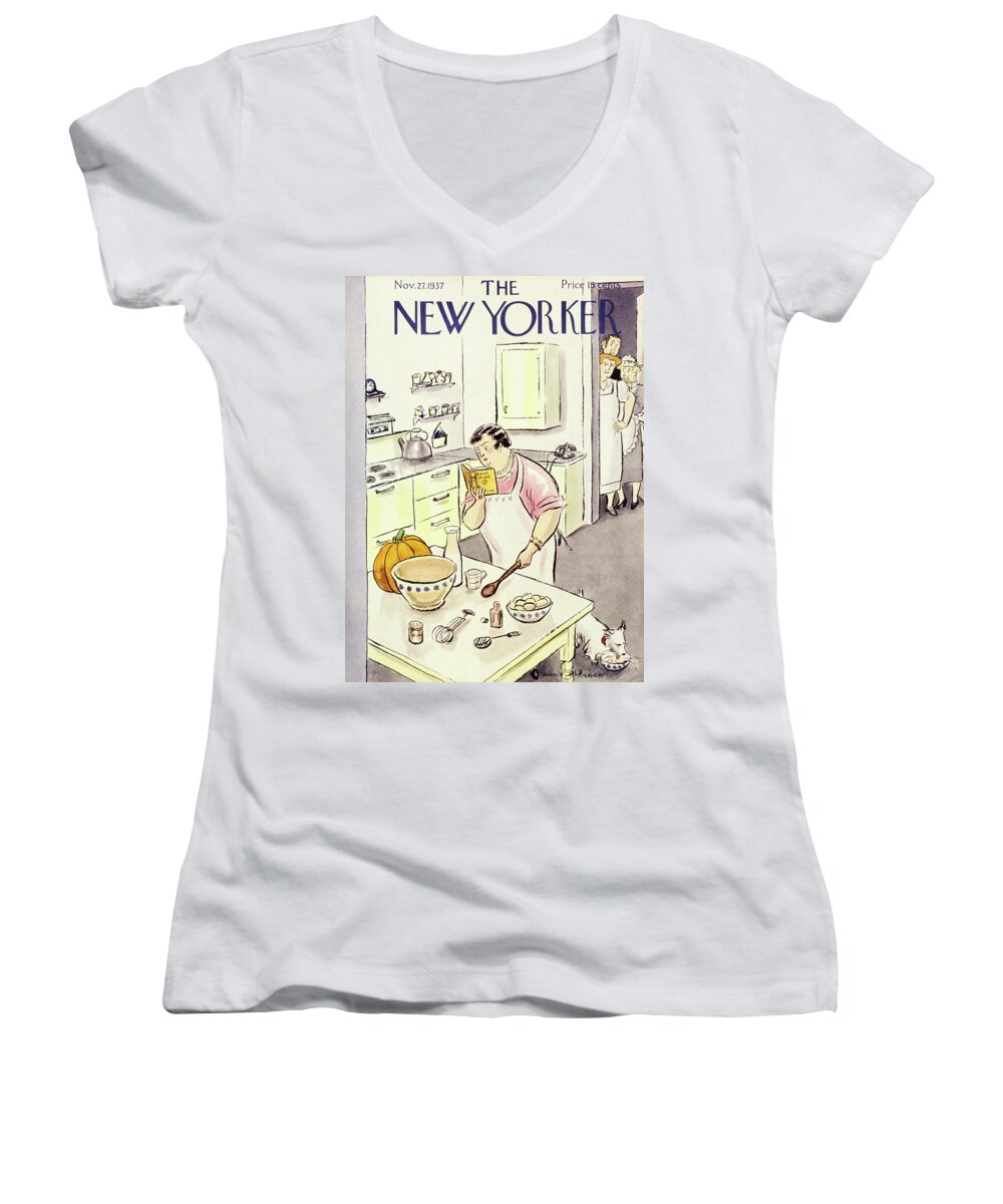 Kitchen Women's V-Neck featuring the painting New Yorker November 27 1937 by Helene E Hokinson