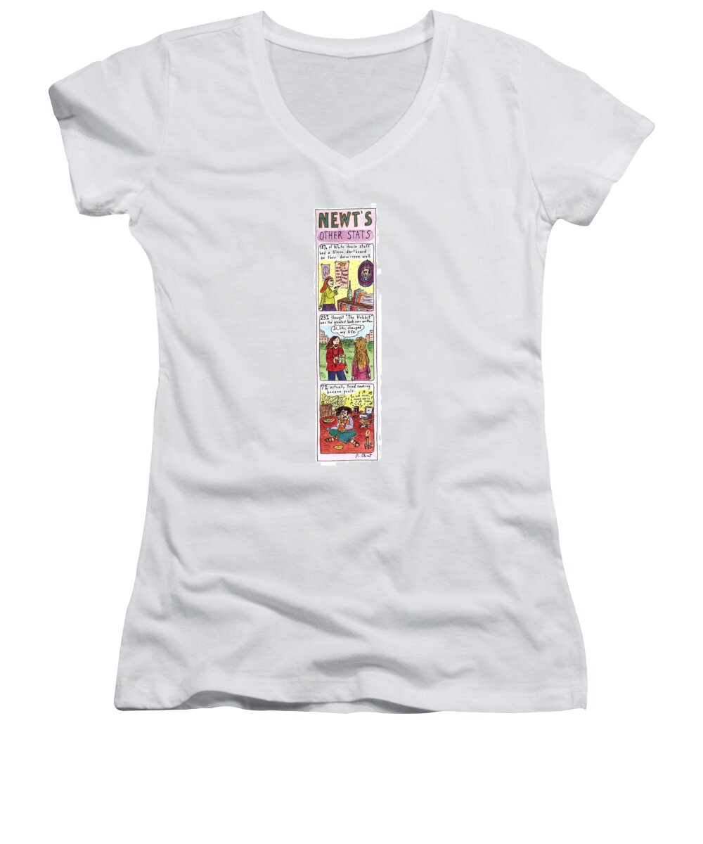 Newt Gingritch Women's V-Neck featuring the drawing Newt's Other Stats by Roz Chast