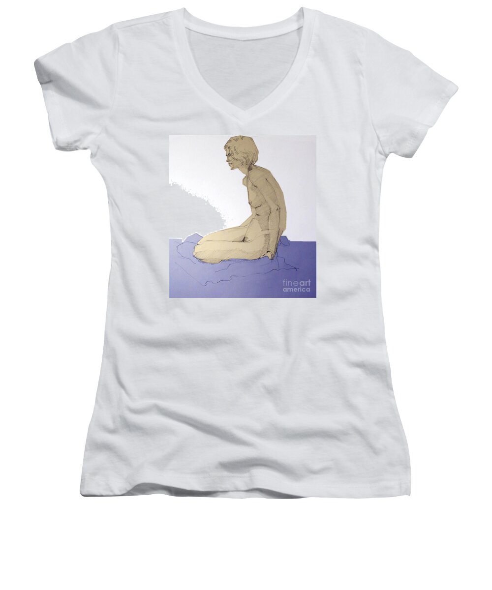 Nude Women's V-Neck featuring the drawing Nude figure in blue by Greta Corens