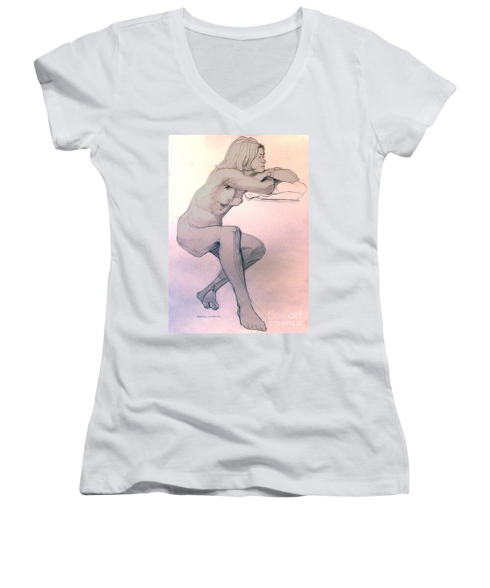 Nude Women's V-Neck featuring the drawing Nude of a dreamy young woman by Greta Corens