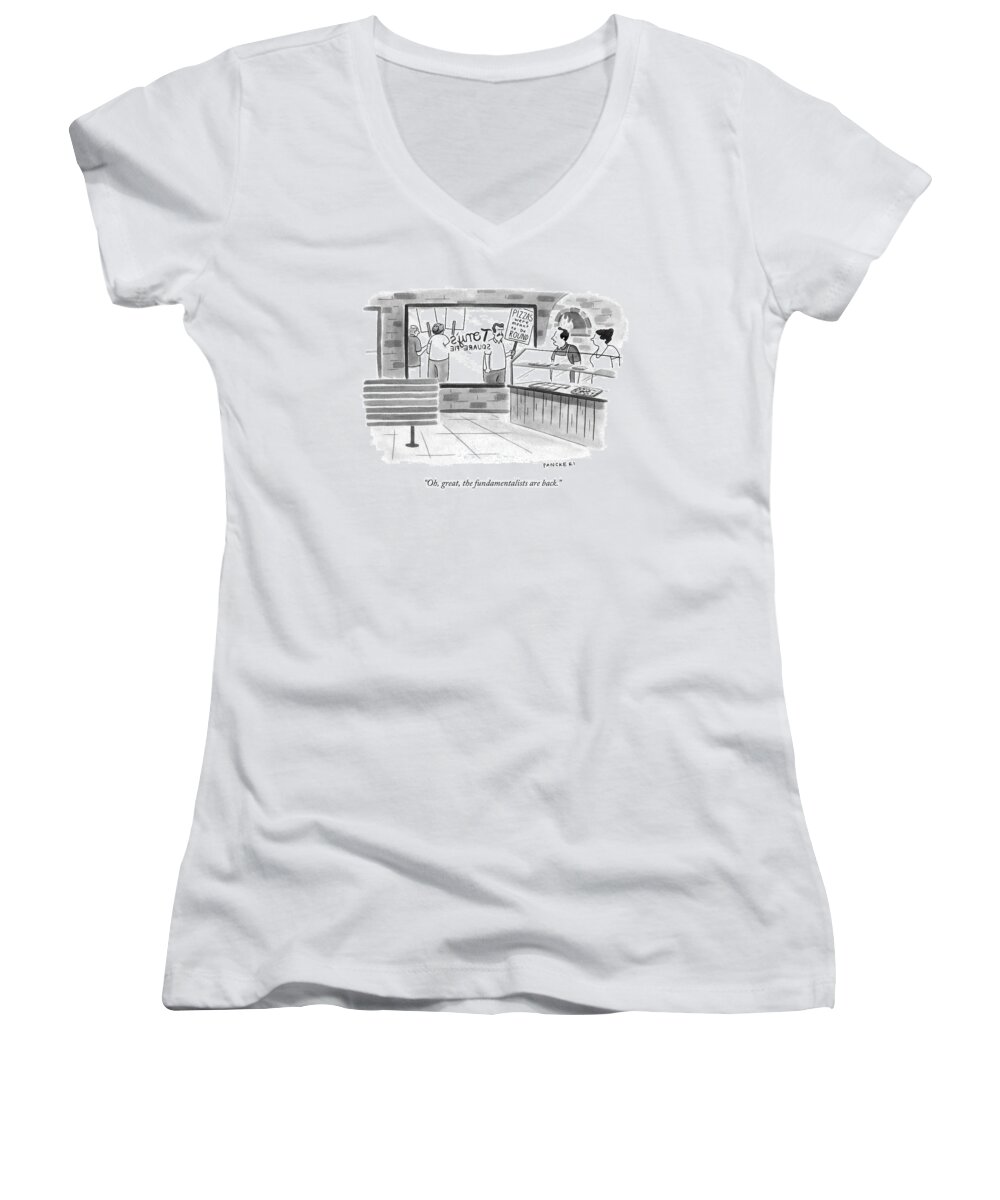 Fundamentalist Women's V-Neck featuring the drawing Oh, Great, The Fundamentalists Are Back by Drew Panckeri