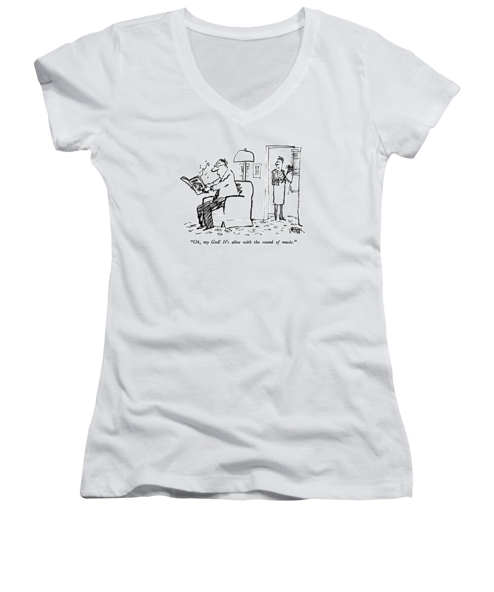 Magazines Women's V-Neck featuring the drawing Oh, My God! It's Alive With The Sound Of Music by Robert Weber