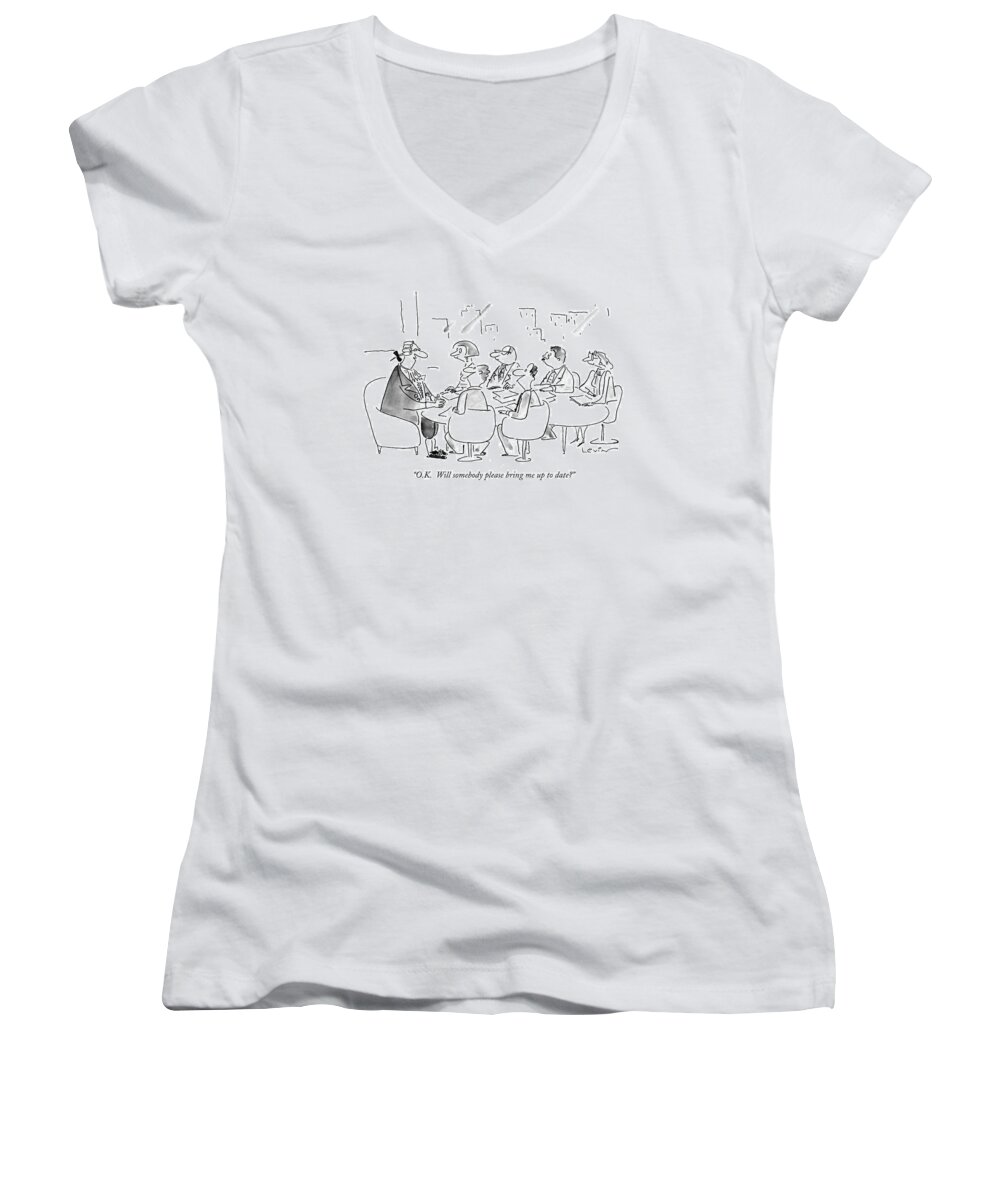 (man Dressed In Colonial Garb And Powdered Wig To Business Men And Women At Contemporary Office Meeting.) American History Women's V-Neck featuring the drawing O.k. Will Somebody Please Bring Me Up To Date? by Arnie Levin