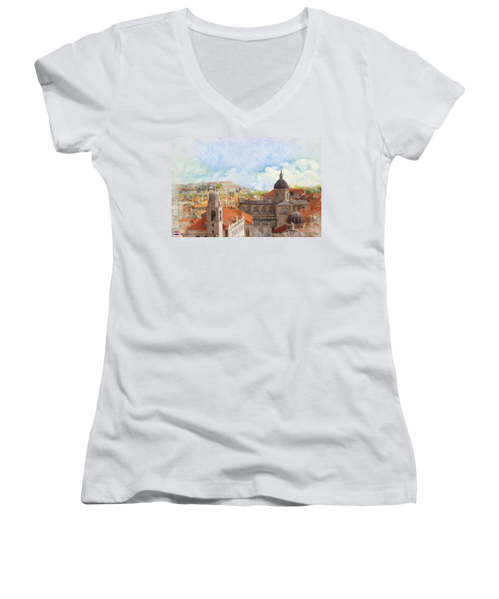 Museum Women's V-Neck featuring the painting Old City of Dubrovnik by Catf