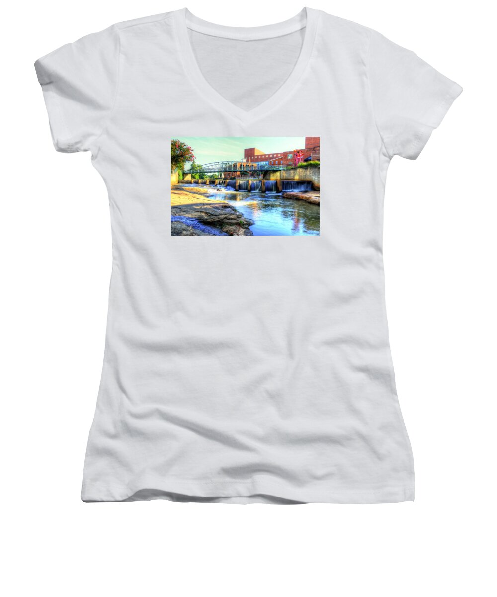 Carol R Montoya Women's V-Neck featuring the photograph On the Reedy River in Greenville by Carol Montoya