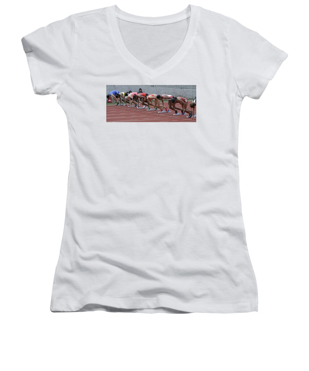 Starting Blocks Women's V-Neck featuring the photograph On Your Marks by Shoal Hollingsworth