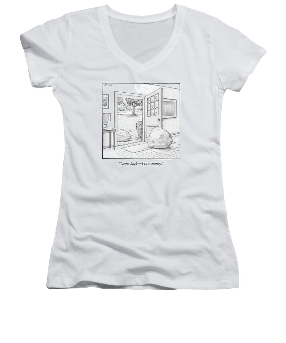 Boulders Women's V-Neck featuring the drawing One Boulder Speaks To Another Boulder That by Harry Bliss