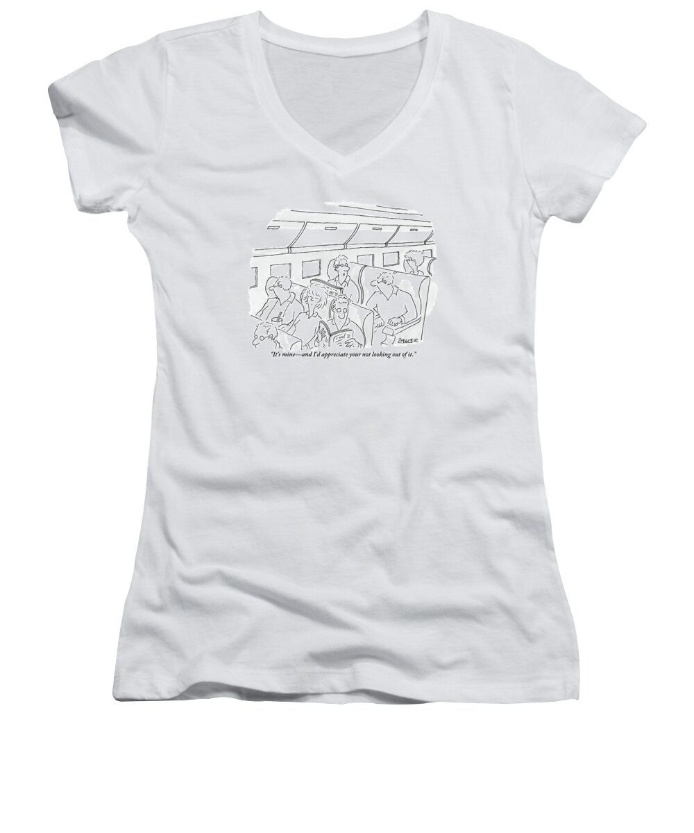 Windows Women's V-Neck featuring the drawing One Man, Sitting In The Window Seat Of A Plane by Jack Ziegler