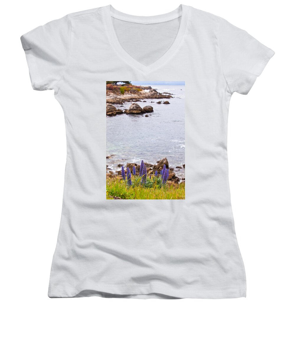 Shoreline Women's V-Neck featuring the photograph Pacific Grove Coastline by Melinda Ledsome