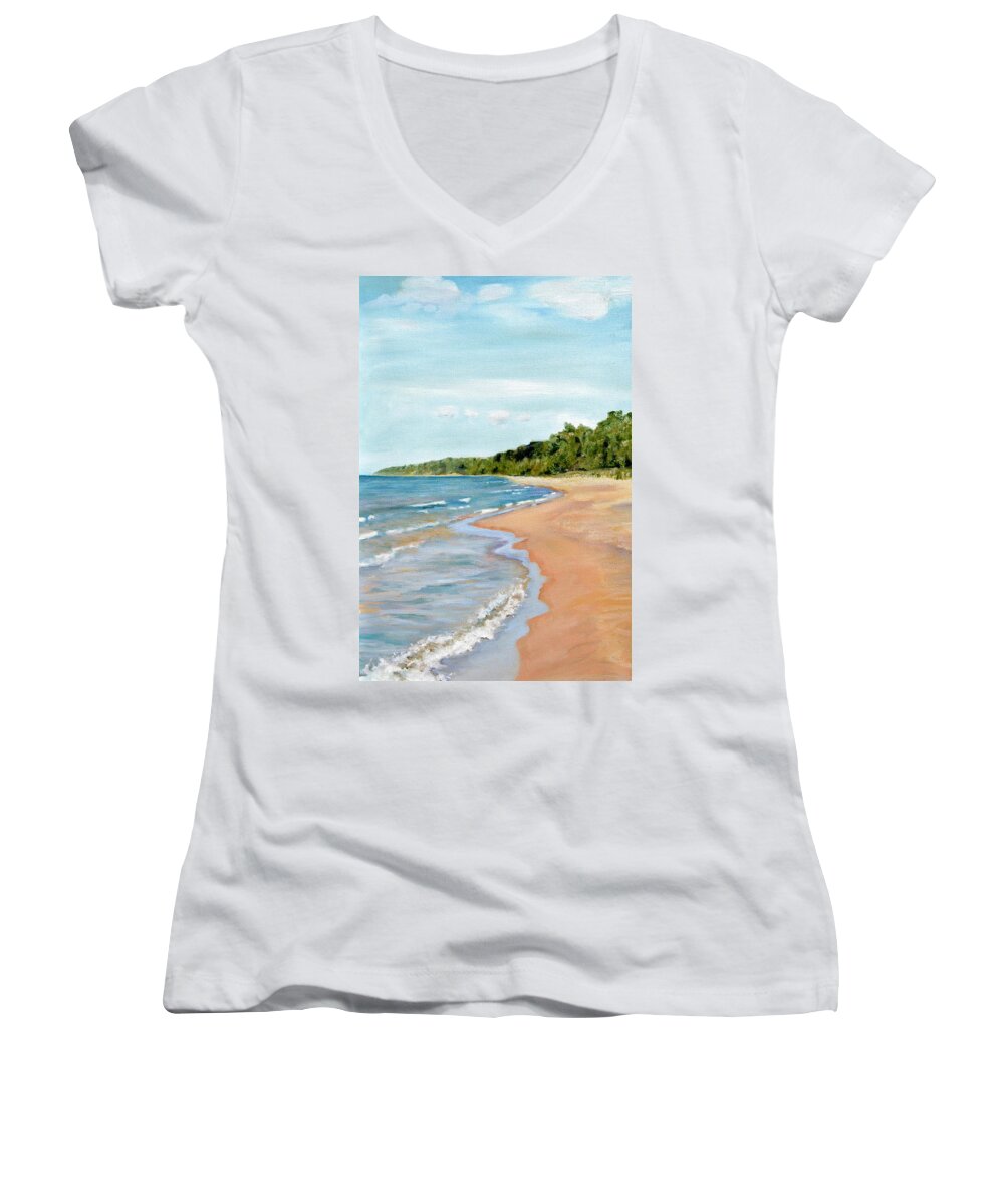 Beach Women's V-Neck featuring the painting Peaceful Beach at Pier Cove by Michelle Calkins