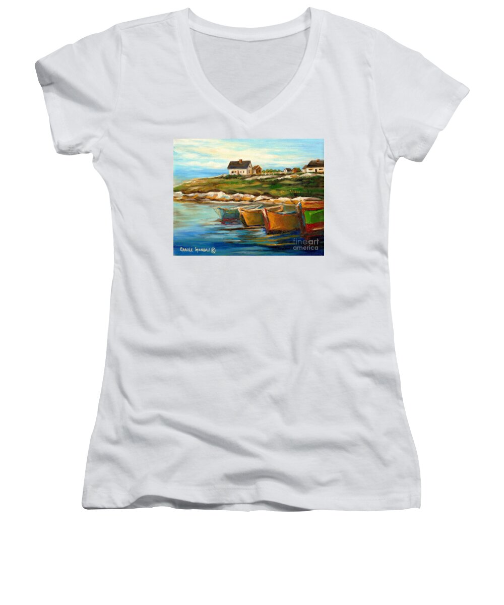 Peggys Cove Women's V-Neck featuring the painting Peggys Cove With Fishing Boats by Carole Spandau