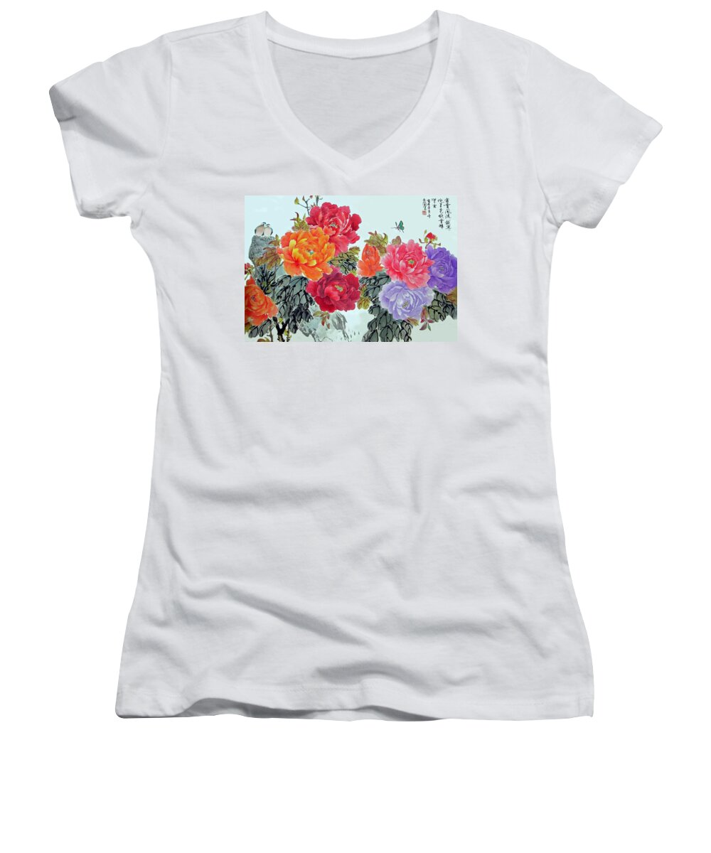Red Peonies Women's V-Neck featuring the photograph Peonies and Birds by Yufeng Wang
