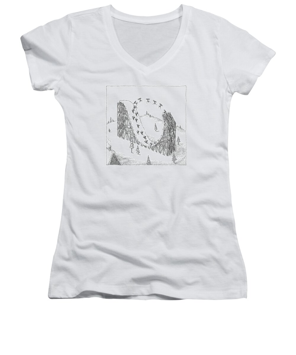 Skiing Women's V-Neck featuring the drawing People Ski On A Circular Ski Ramp That Resembles by John O'Brien