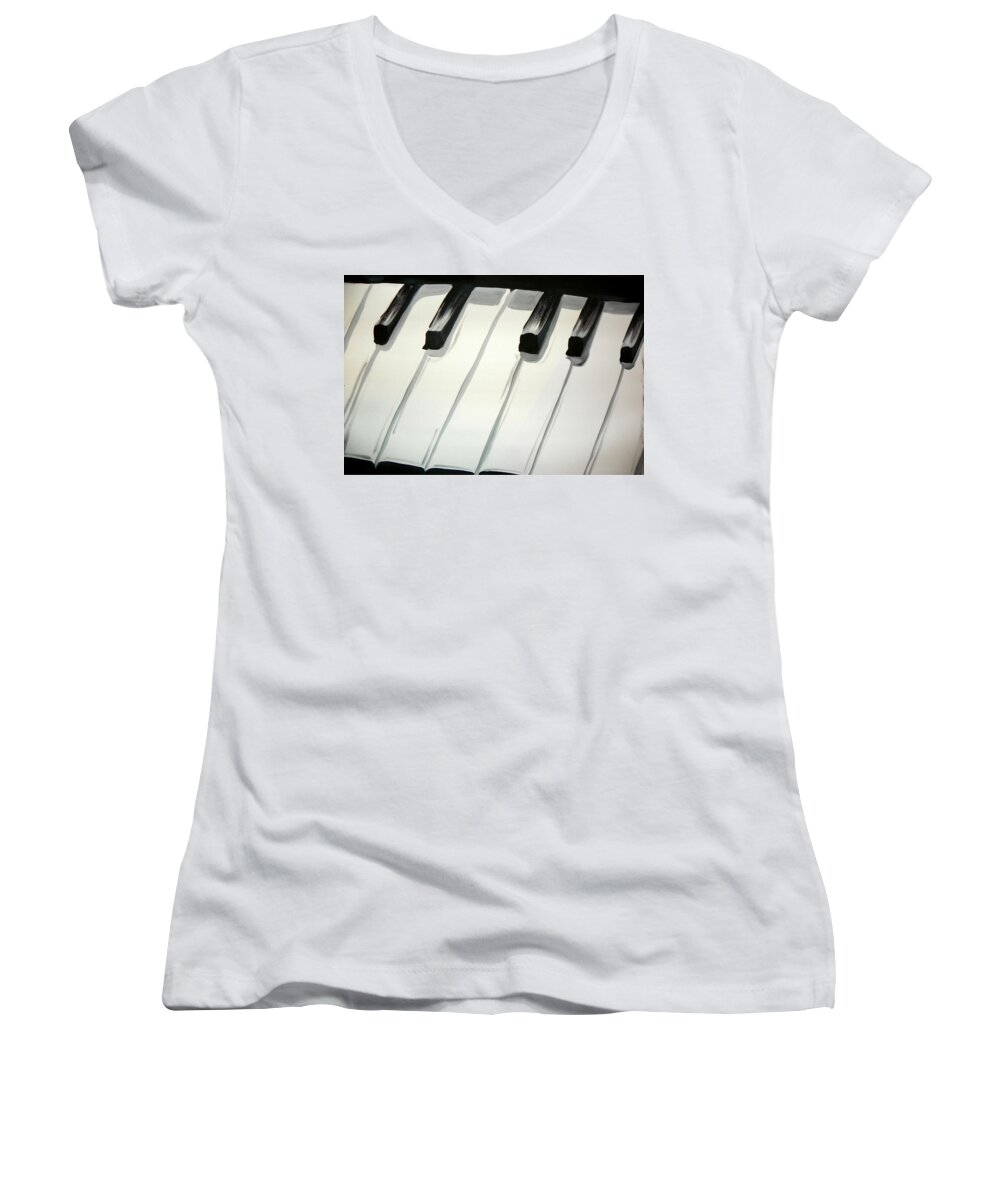 Piano Women's V-Neck featuring the painting Piano Keys by Marisela Mungia