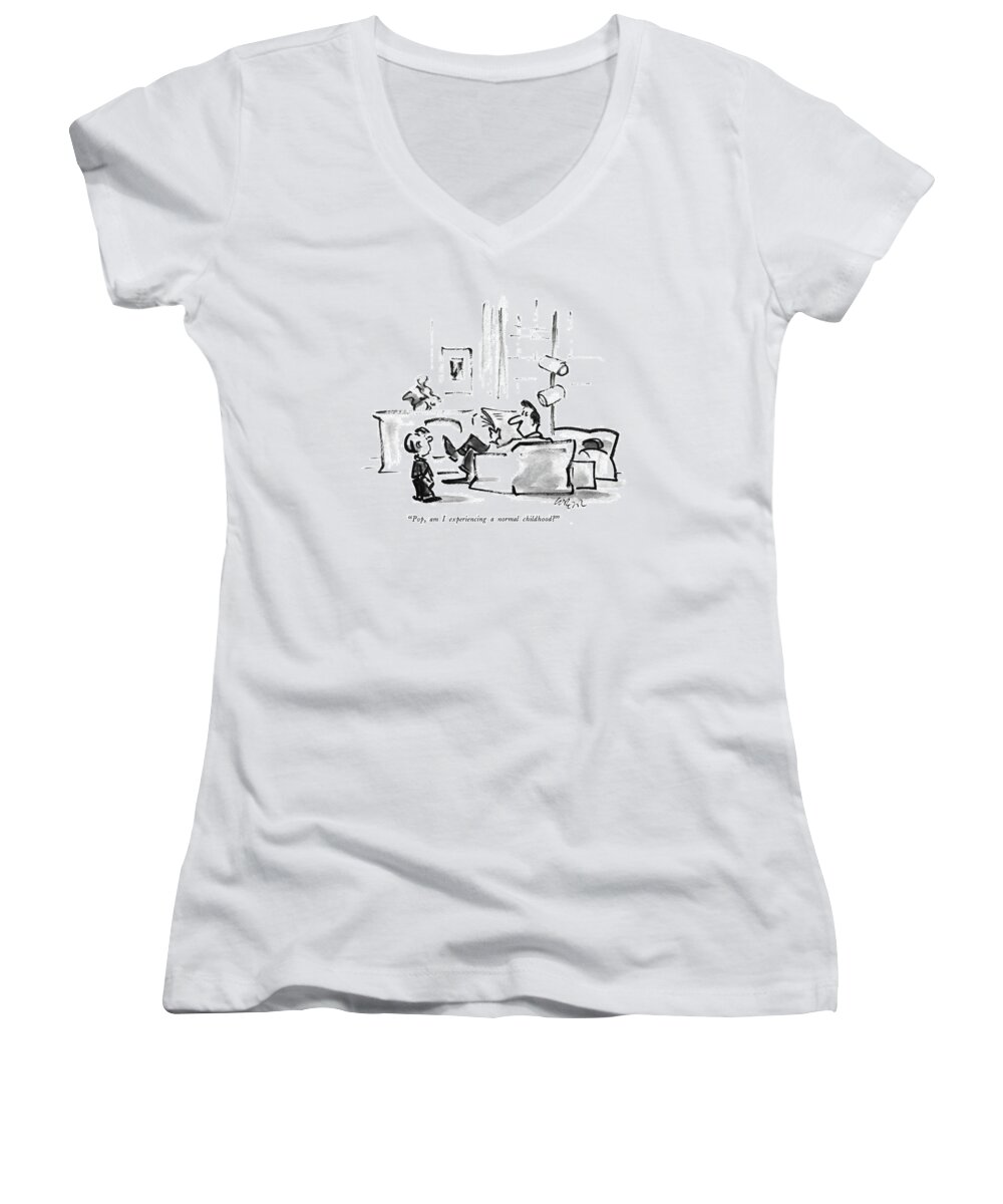 86042 Llo Lee Lorenz (child To His Father Women's V-Neck featuring the drawing Pop, Am I Experiencing A Normal Childhood? by Lee Lorenz