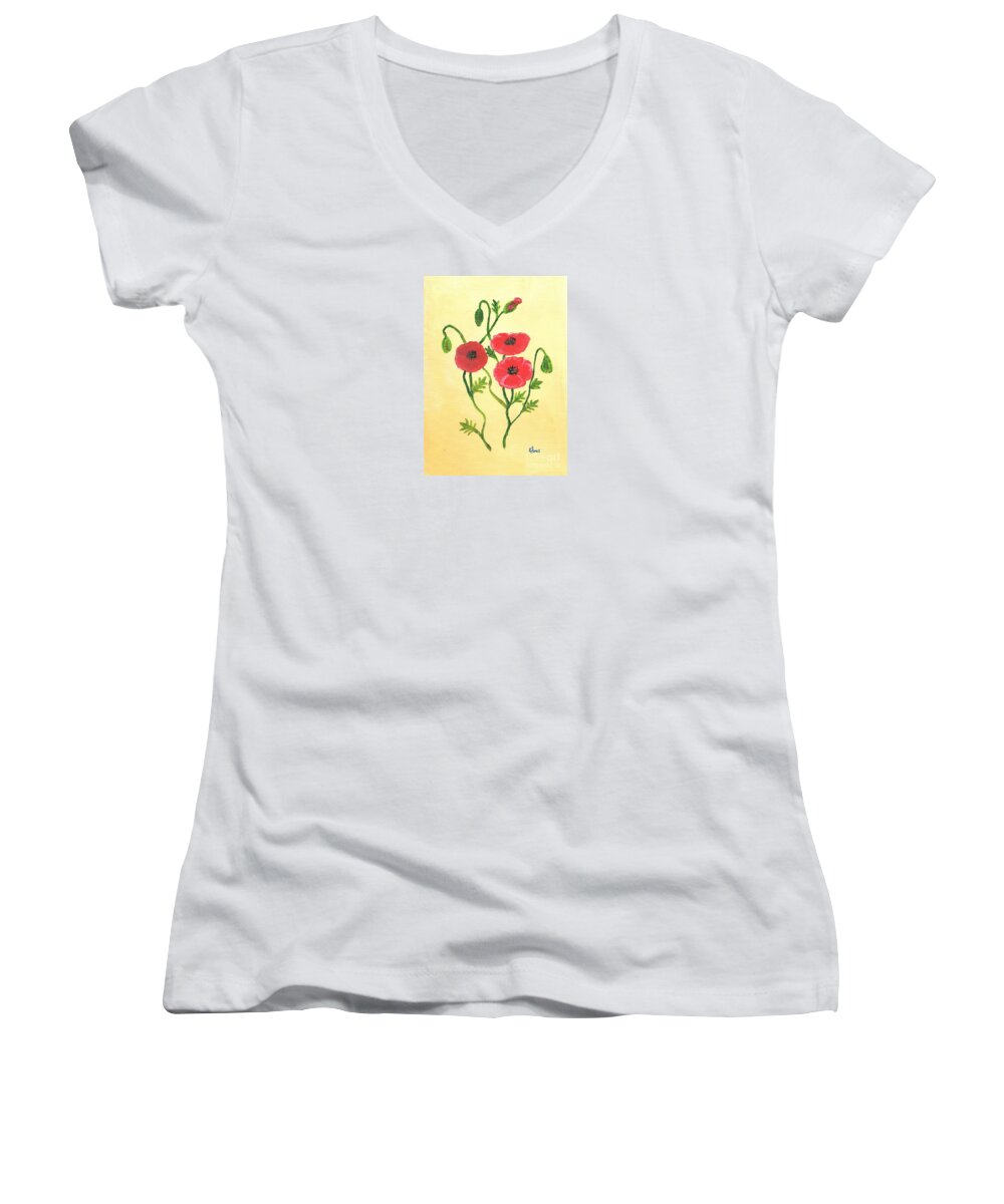 Red Poppies Women's V-Neck featuring the painting Poppies by Karen Jane Jones