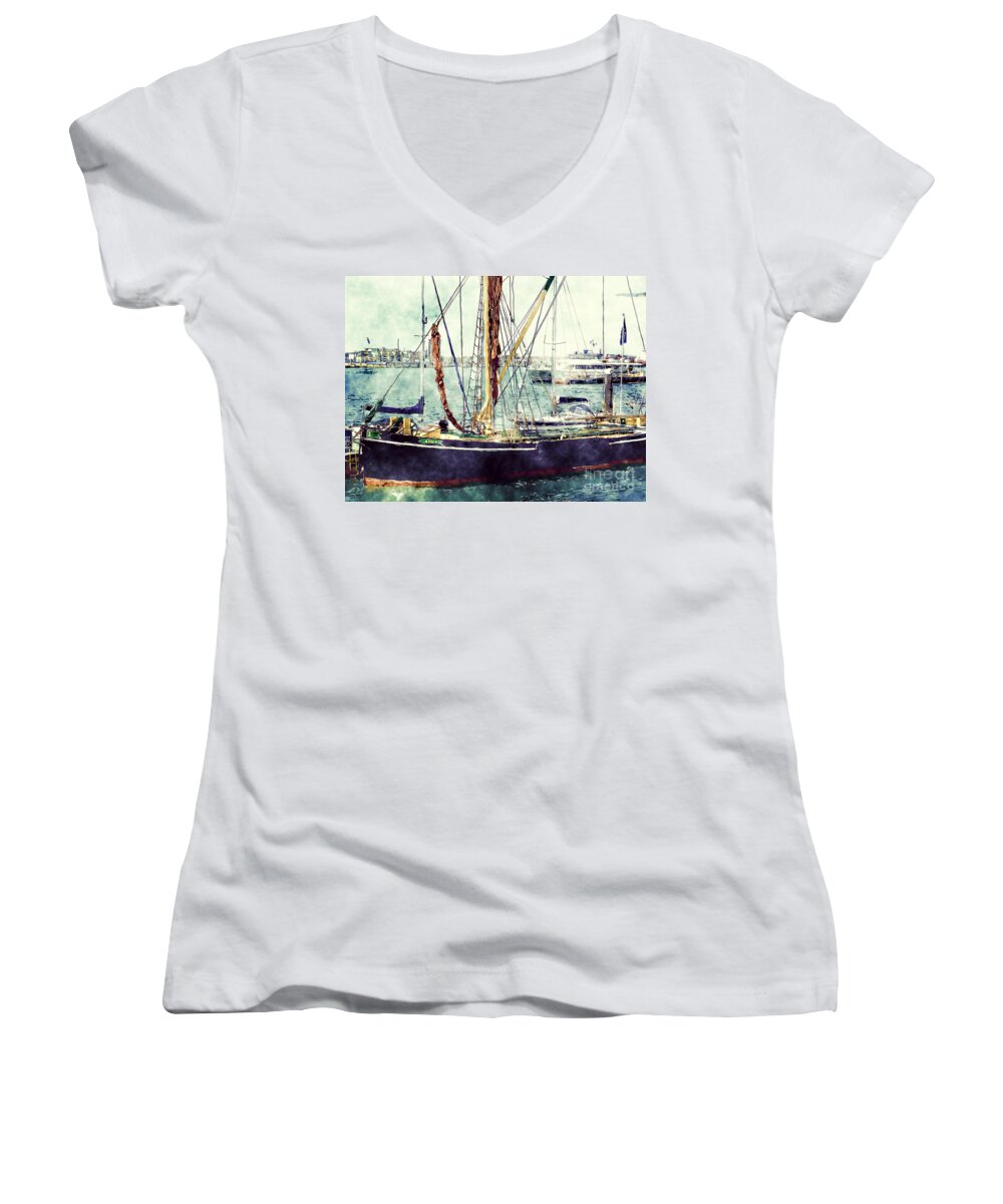 Portsmouth Women's V-Neck featuring the photograph Portsmouth Harbour Boats by Claire Bull