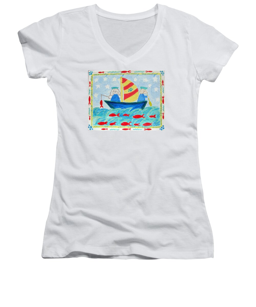 Puppies Women's V-Neck featuring the painting Puppy Sailors by Diane Pape