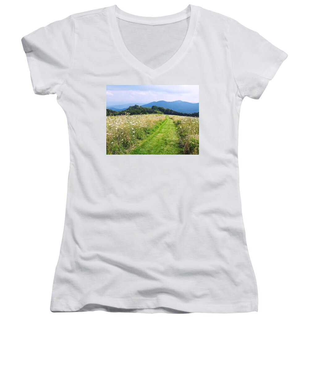 Walking Trail Women's V-Neck featuring the photograph Purchase Knob by Melinda Fawver