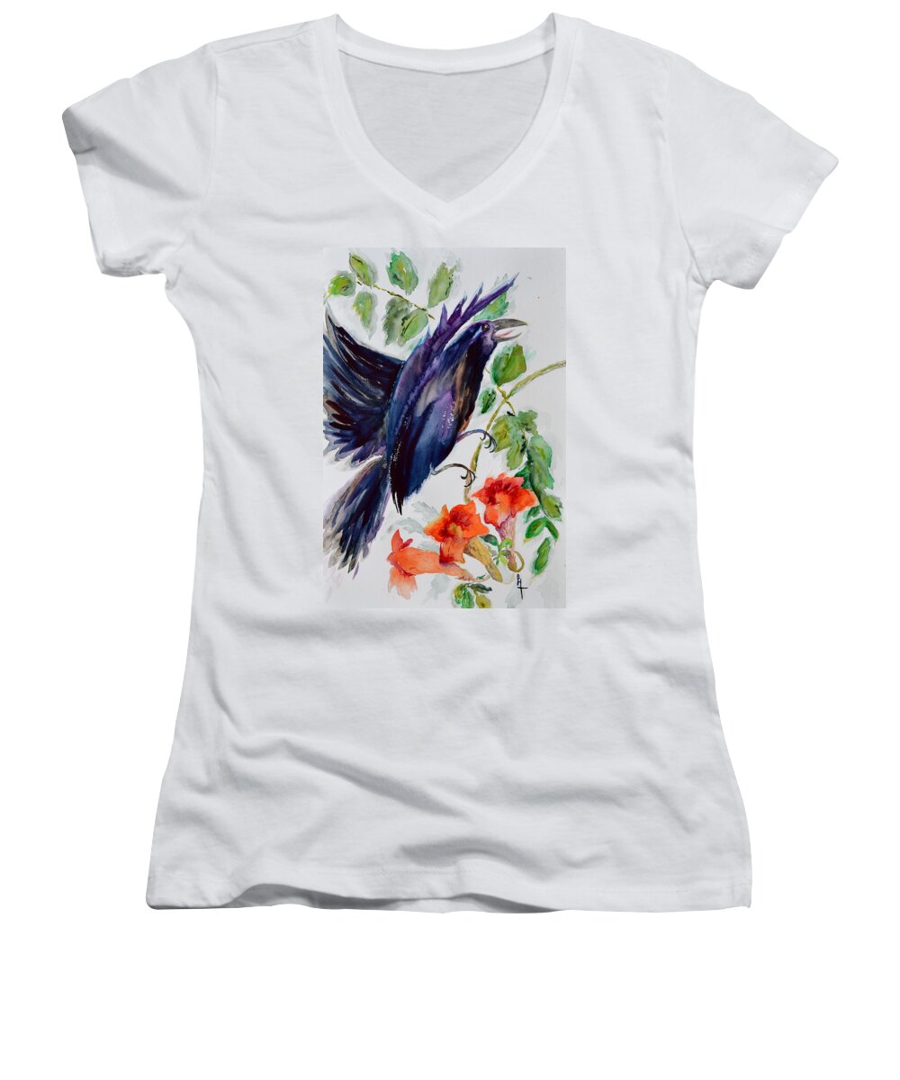 Crow Women's V-Neck featuring the painting Quoi II by Beverley Harper Tinsley