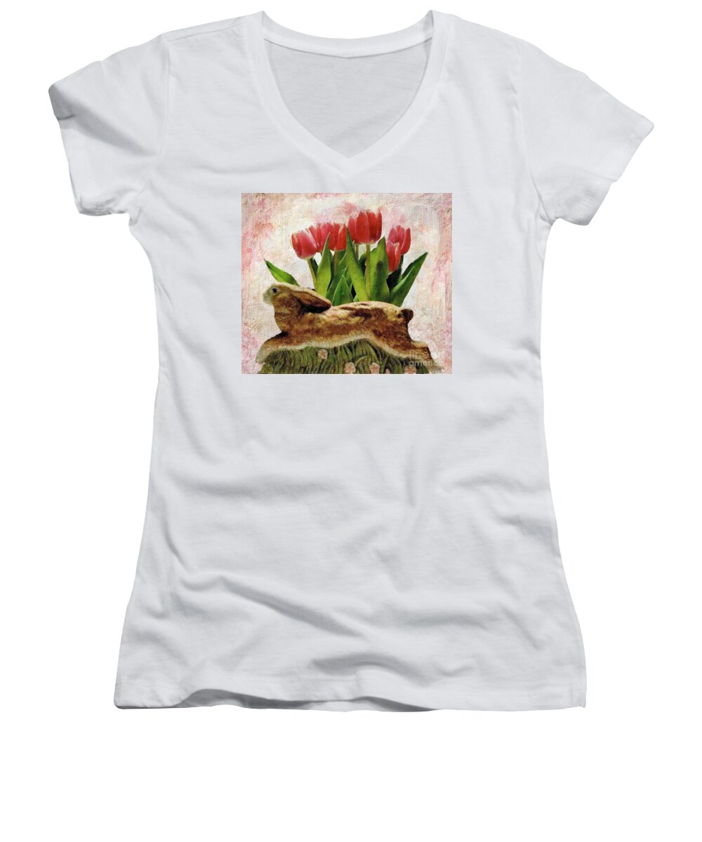 Rabbit Women's V-Neck featuring the photograph Rabbit and Pink Tulips by Janette Boyd