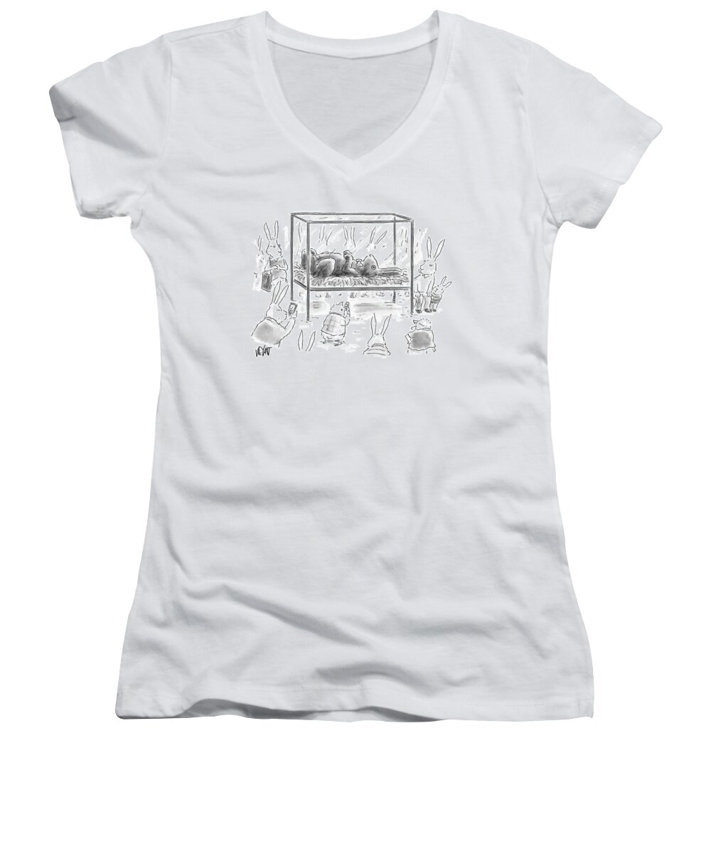 Cartoon Women's V-Neck featuring the drawing Rabbits And Chicks Looking At Display Of Choclate by Christopher Weyant