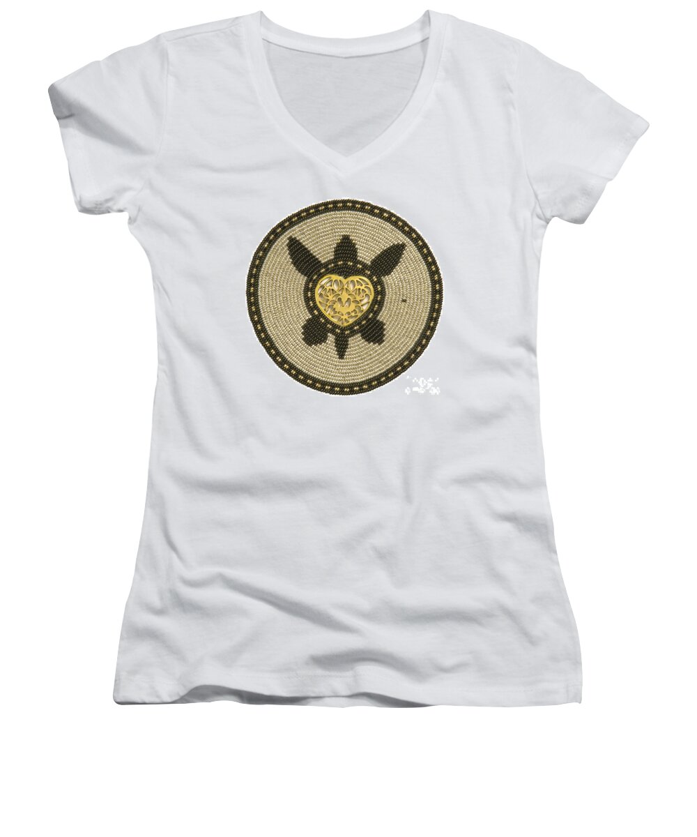 Turtle Women's V-Neck featuring the mixed media Golden Heart by Douglas Limon