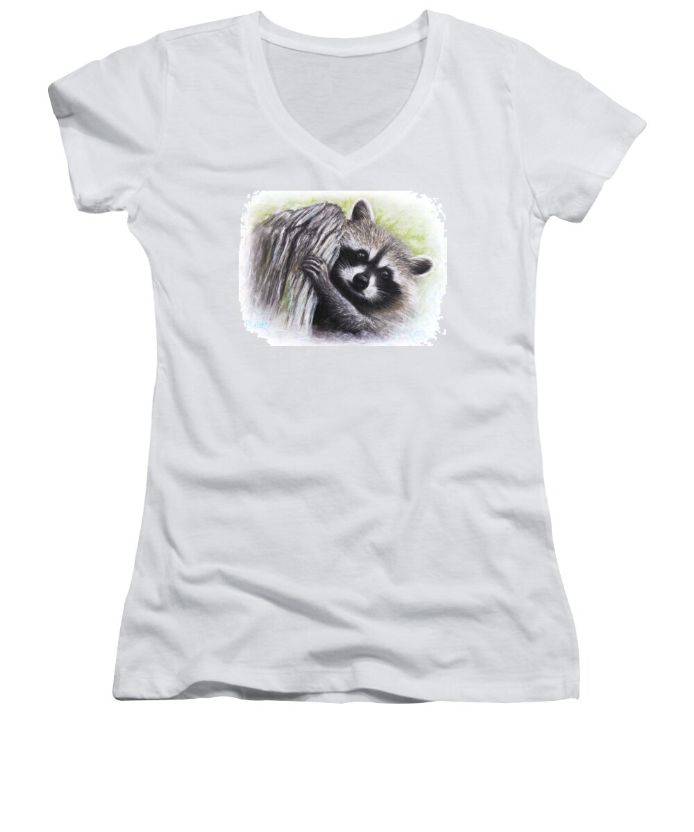 Racoon Women's V-Neck featuring the drawing Raccoon by Patricia Lintner