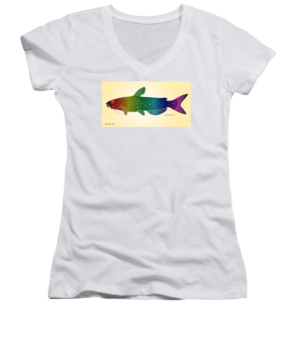 Catfish Women's V-Neck featuring the digital art Rainbow Cat by Lee Owenby