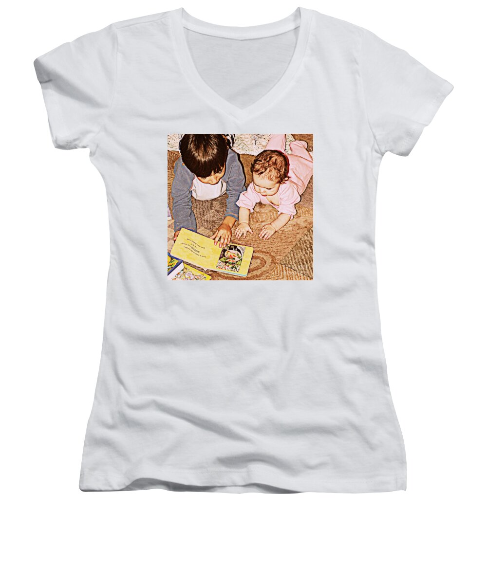 Children's Room Women's V-Neck featuring the digital art Story Time by Valerie Reeves