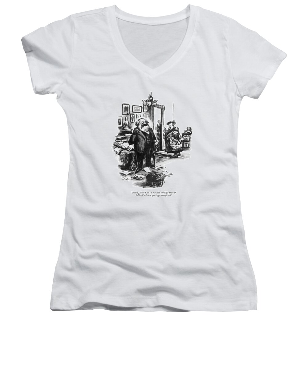 
(heavy Set Wife Carrying Basket Of Vegetables To Bearded Karl Marx.) Business Women's V-Neck featuring the drawing Really, Karl! Can't I Mention The High Price by Eldon Dedini