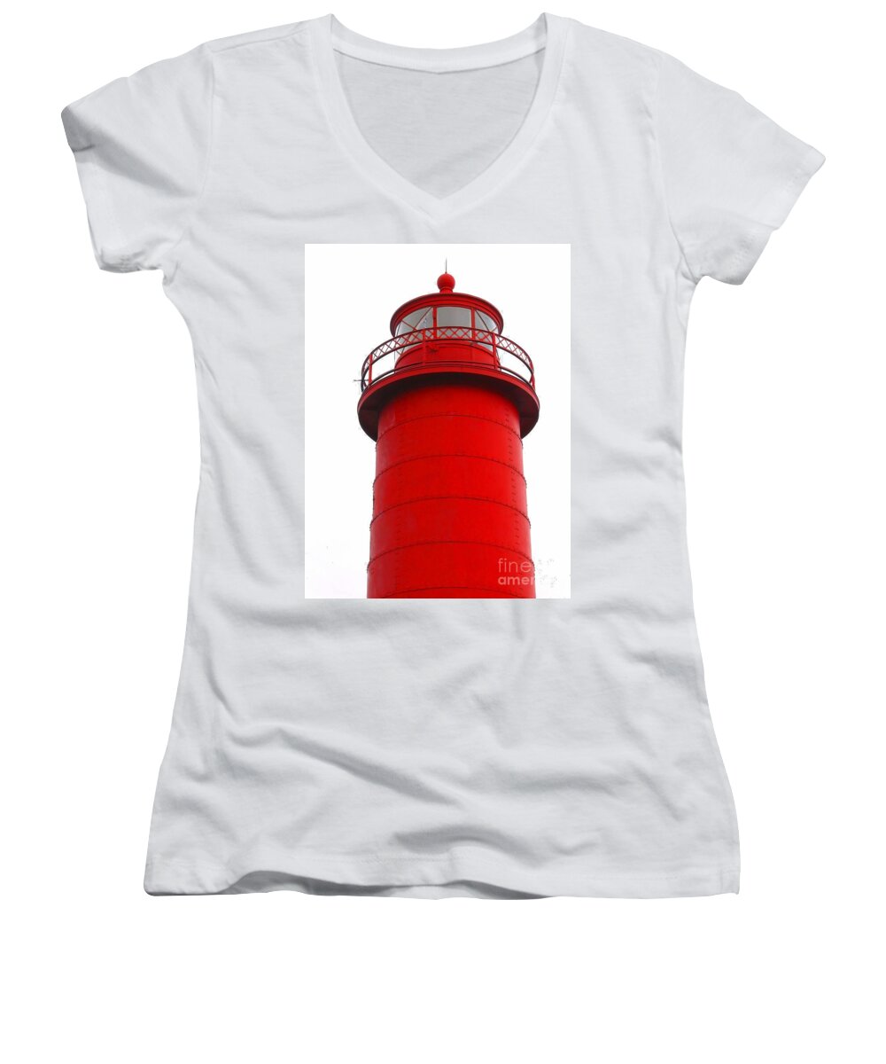 Lighthouse Women's V-Neck featuring the photograph Really Red Lighthouse by Ann Horn