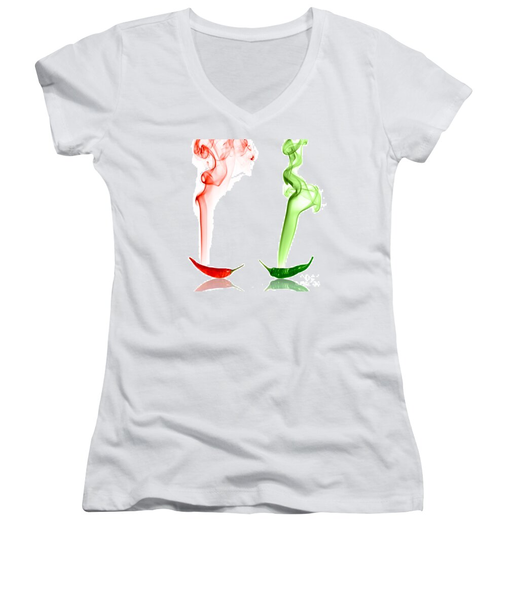 Smoke Photography Women's V-Neck featuring the photograph Red and Green Chili Smoke Photography by Sabine Jacobs