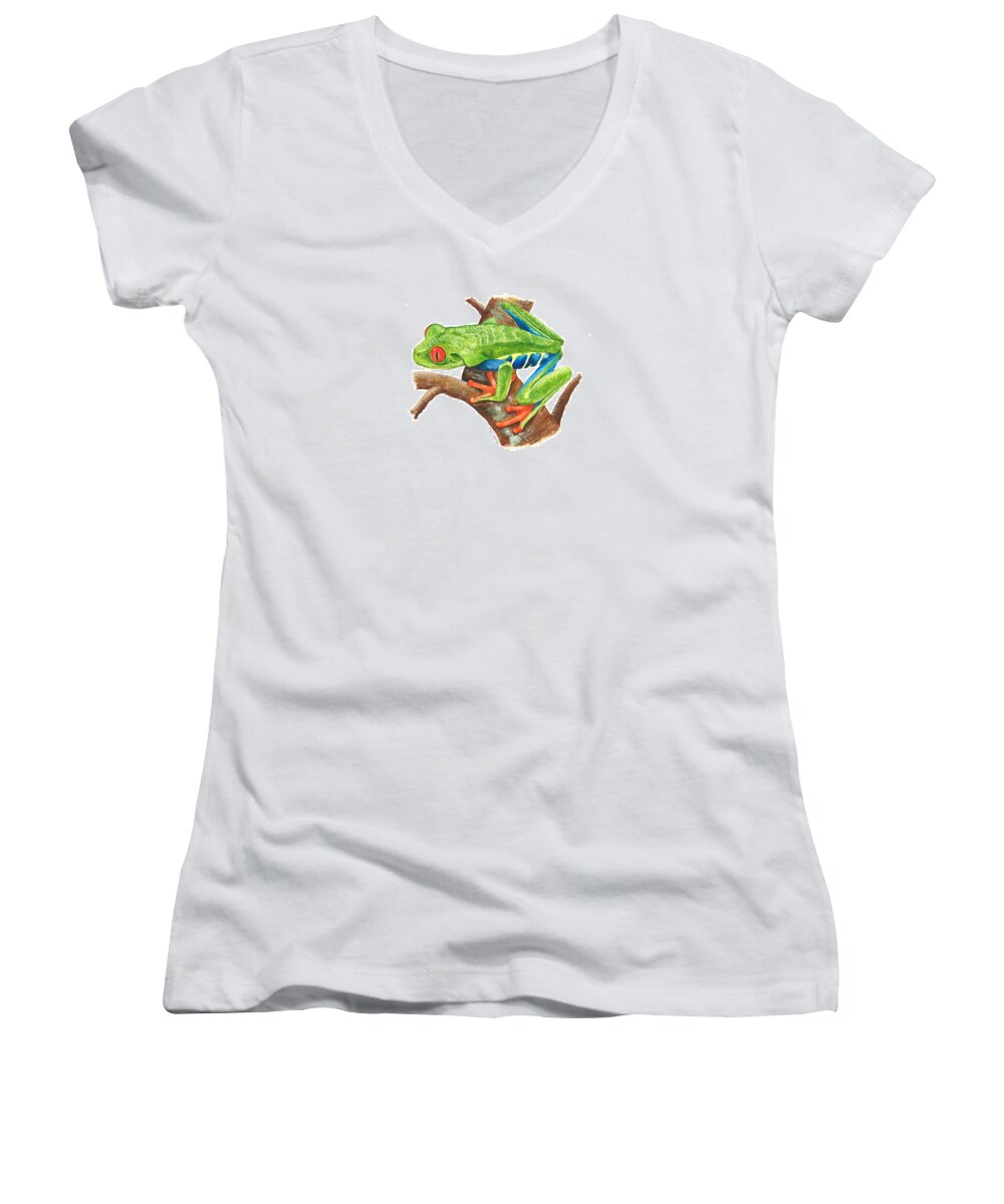 Treefrog Women's V-Neck featuring the painting Red-eyed Treefrog by Cindy Hitchcock