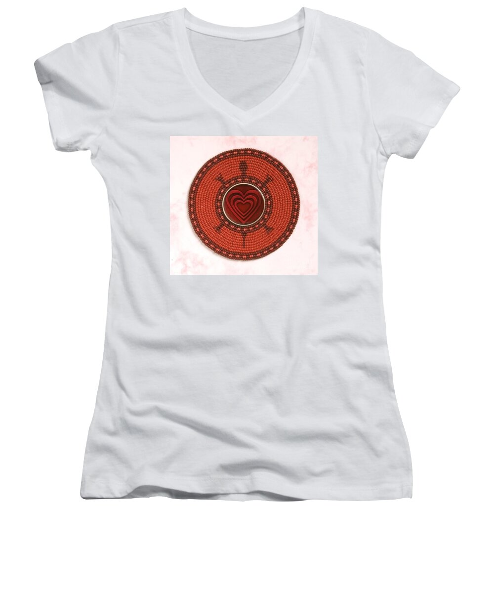 Heart Women's V-Neck featuring the digital art Red Heart Turtle by Douglas Limon
