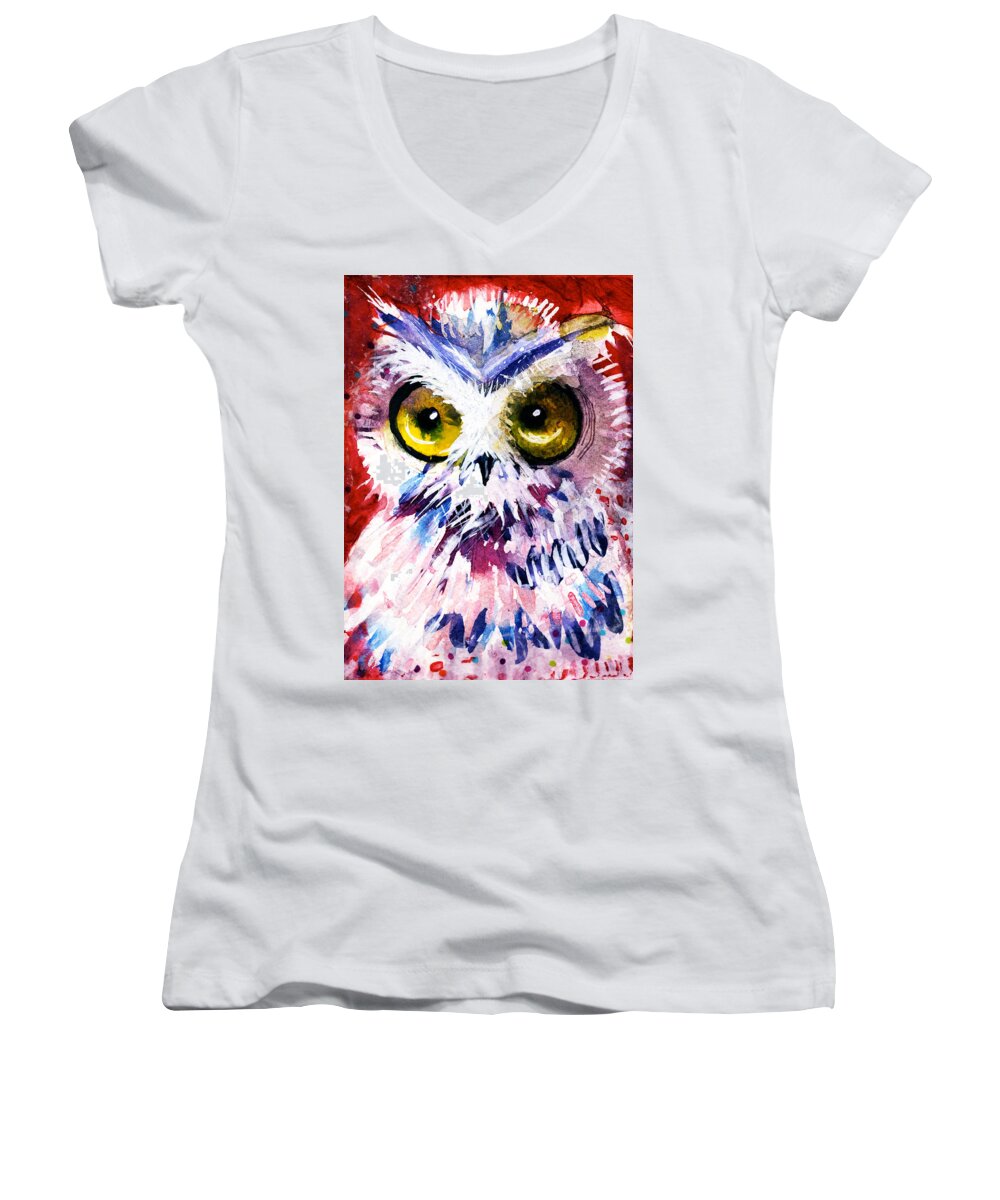  Owl Women's V-Neck featuring the painting Red Owl by Laurel Bahe