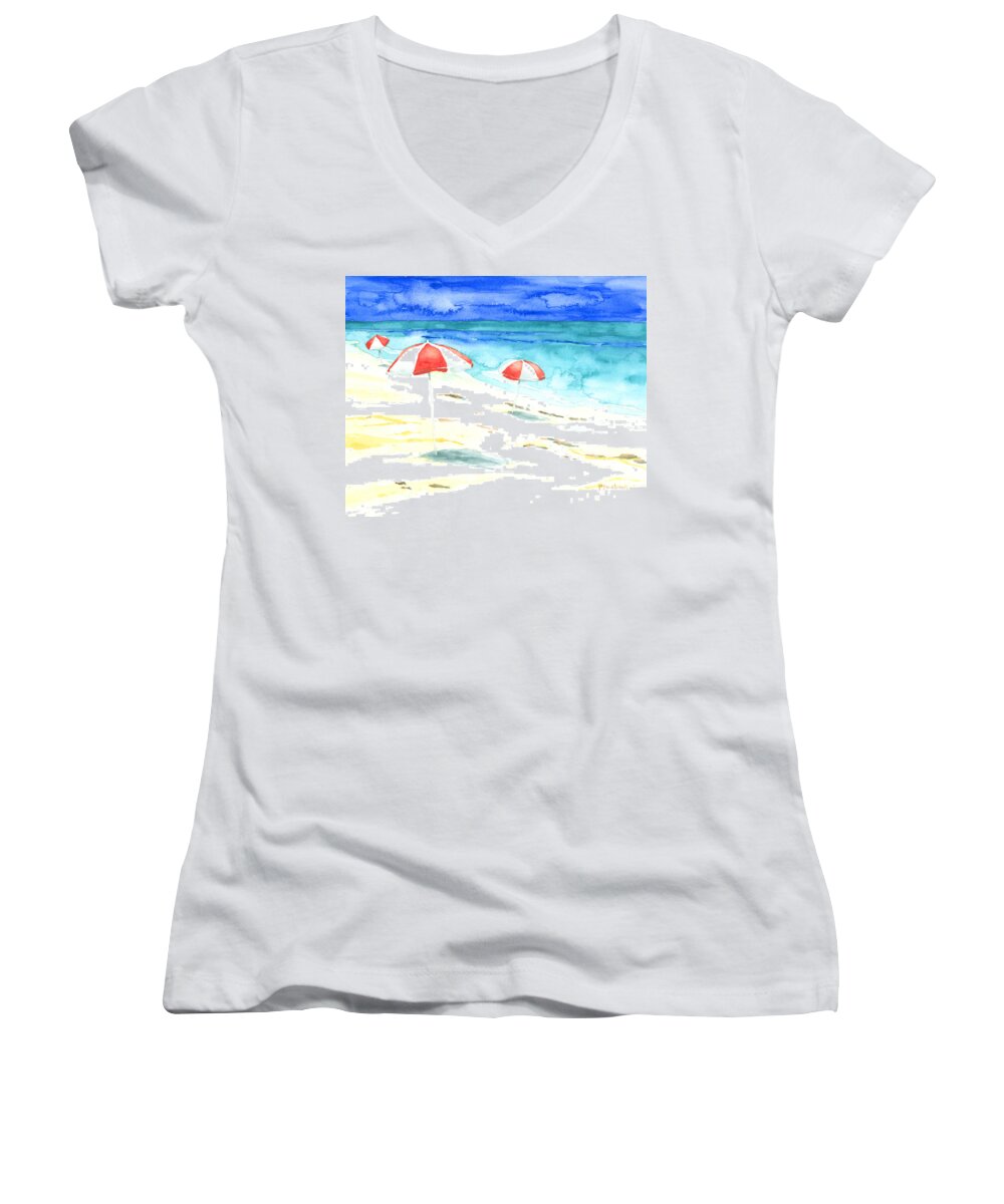 Beach Umbrellas Women's V-Neck featuring the painting Red Stripes by Pauline Walsh Jacobson