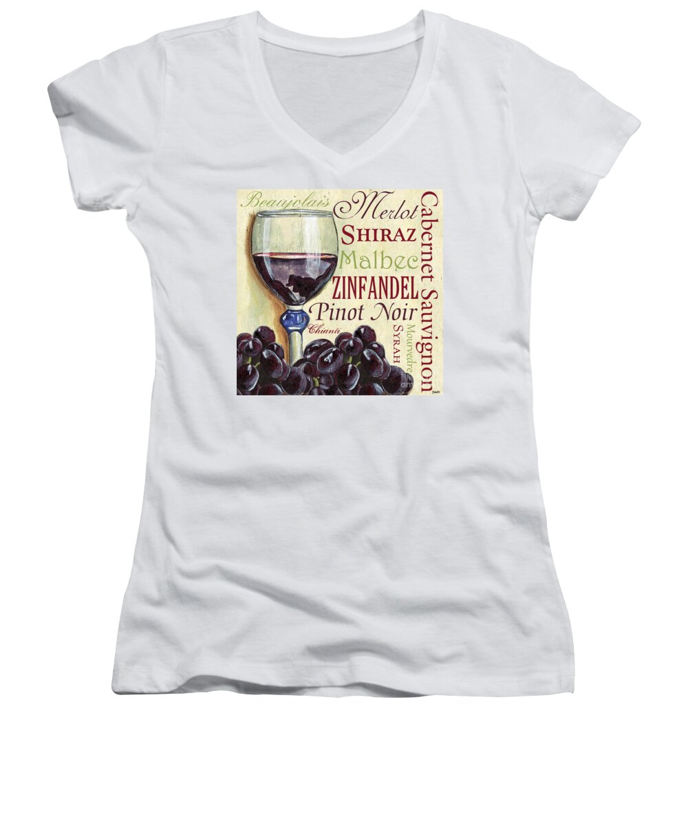 Wine Women's V-Neck featuring the painting Red Wine Text by Debbie DeWitt