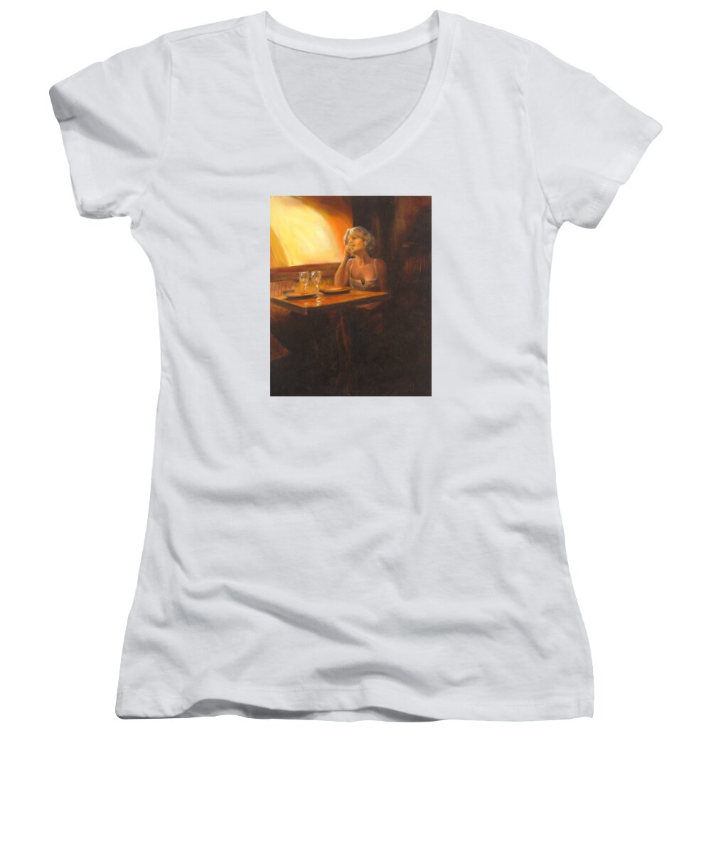Figurative Women's V-Neck featuring the painting Rendevous at the Indian Restaurant by Connie Schaertl