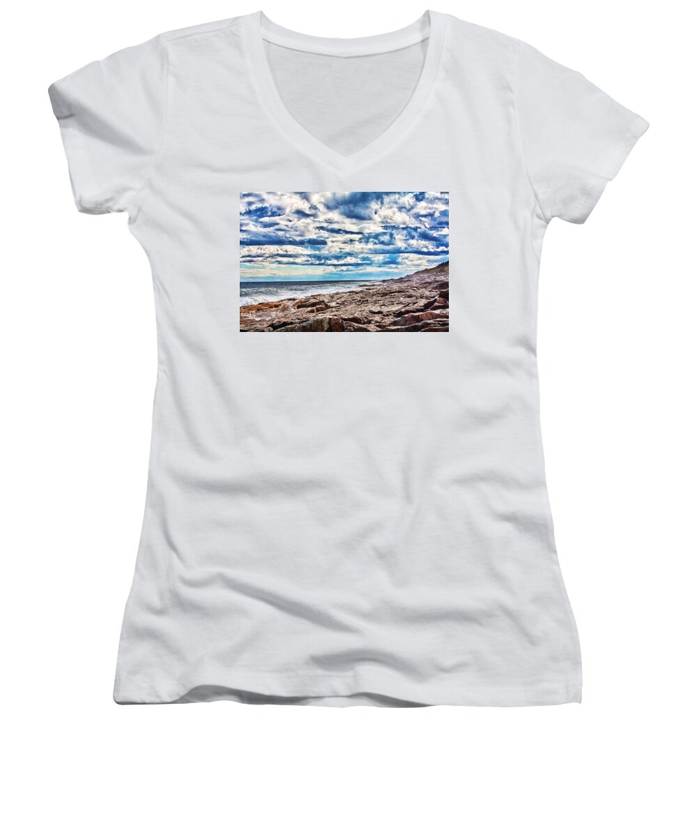 Fred Larson Women's V-Neck featuring the photograph Rocky Maine Coastline by Fred Larson