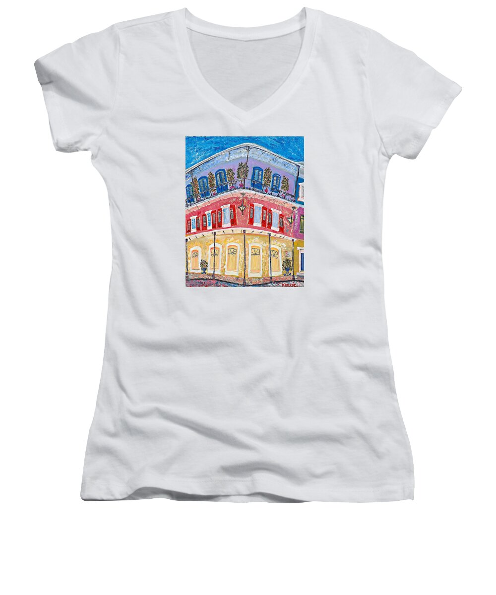 Colorful New Orleans Women's V-Neck featuring the painting Royal Sonesta by Kerin Beard