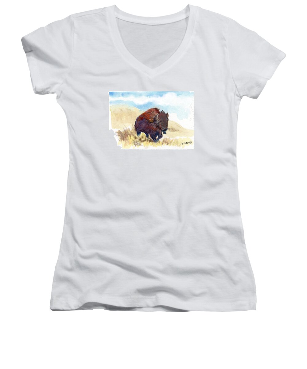 C Sitton Painting Paintings Women's V-Neck featuring the painting Running Buffalo by C Sitton