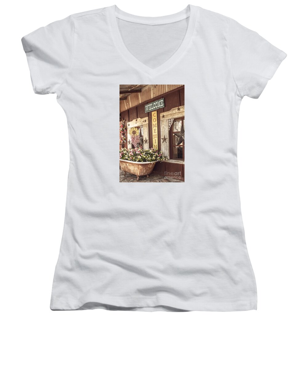 Rustic Country Welcome Women's V-Neck featuring the photograph Rustic Country Welcome by Imagery by Charly