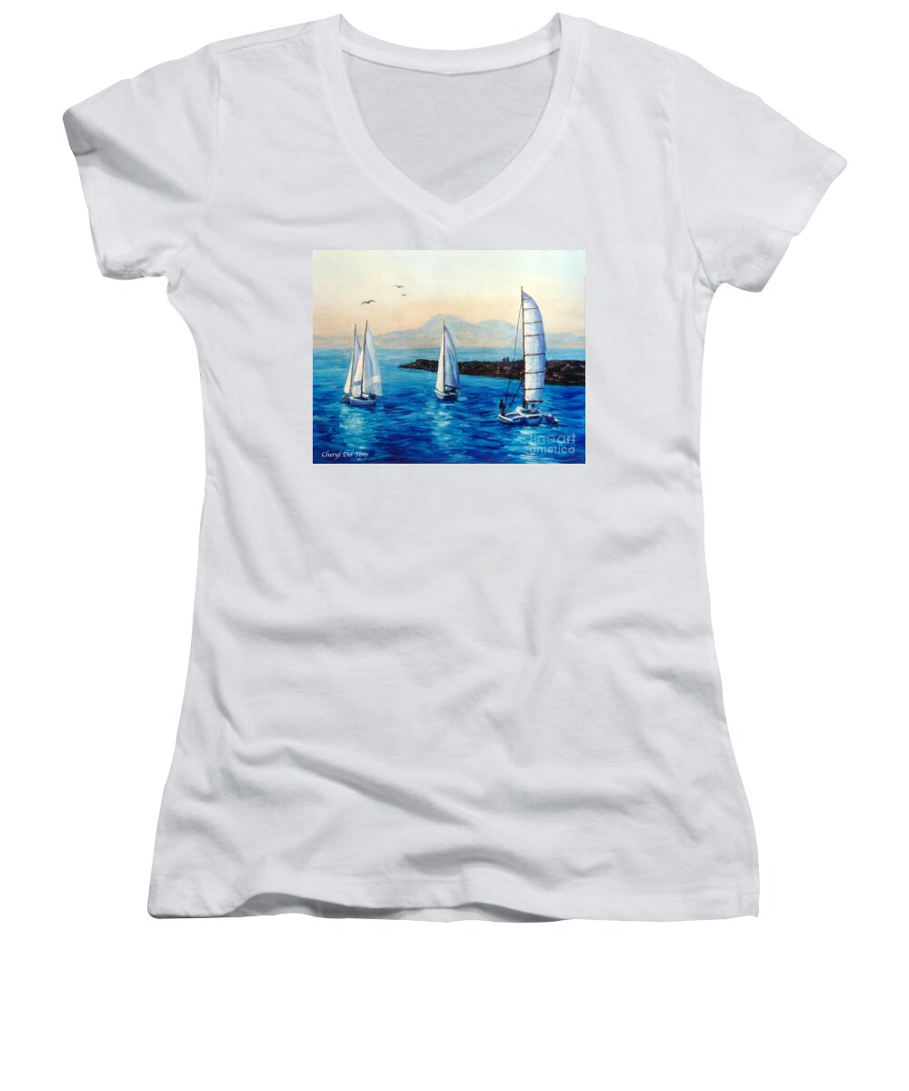 Sailboats Women's V-Neck featuring the painting Sailboats by Cheryl Del Toro