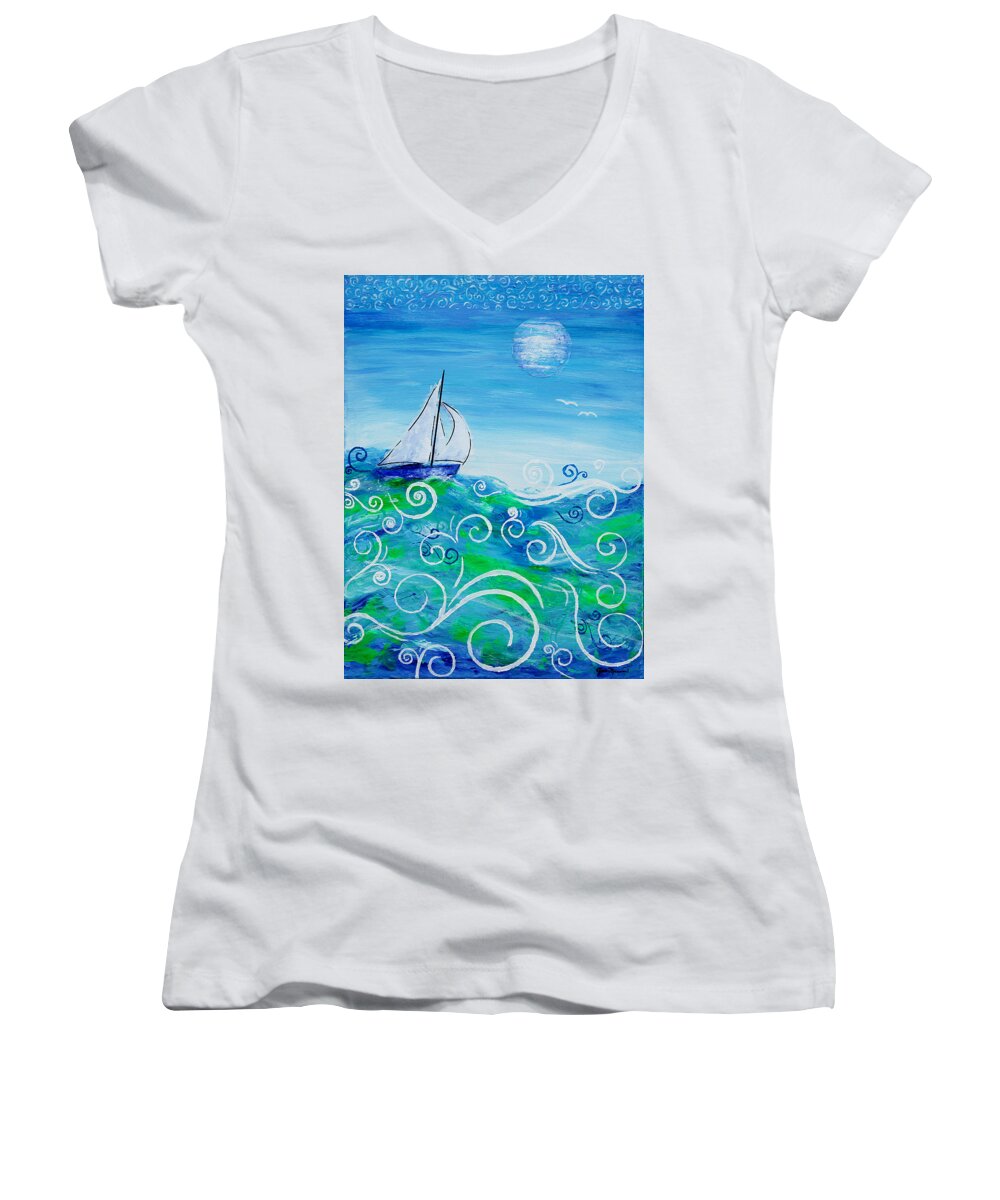 Sailing Women's V-Neck featuring the painting Sailing by Jan Marvin by Jan Marvin