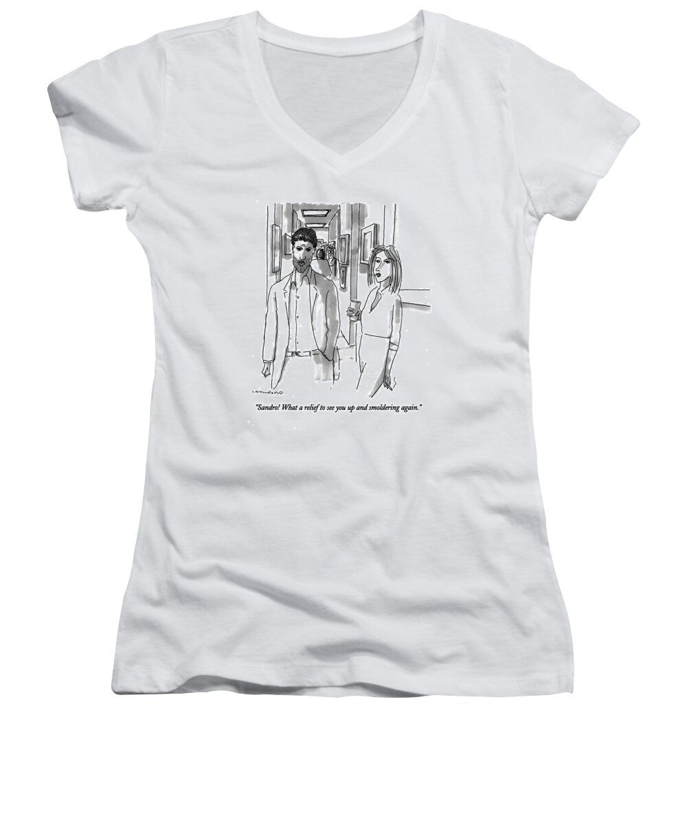 
Leisure Women's V-Neck featuring the drawing Sandro! What A Relief To See by Michael Crawford