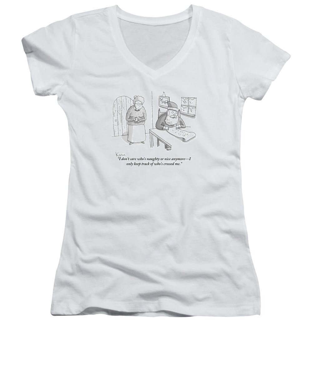 #faaAdWordsBest Women's V-Neck featuring the drawing Santa Claus Angrily Crosses Off Names by Zachary Kanin