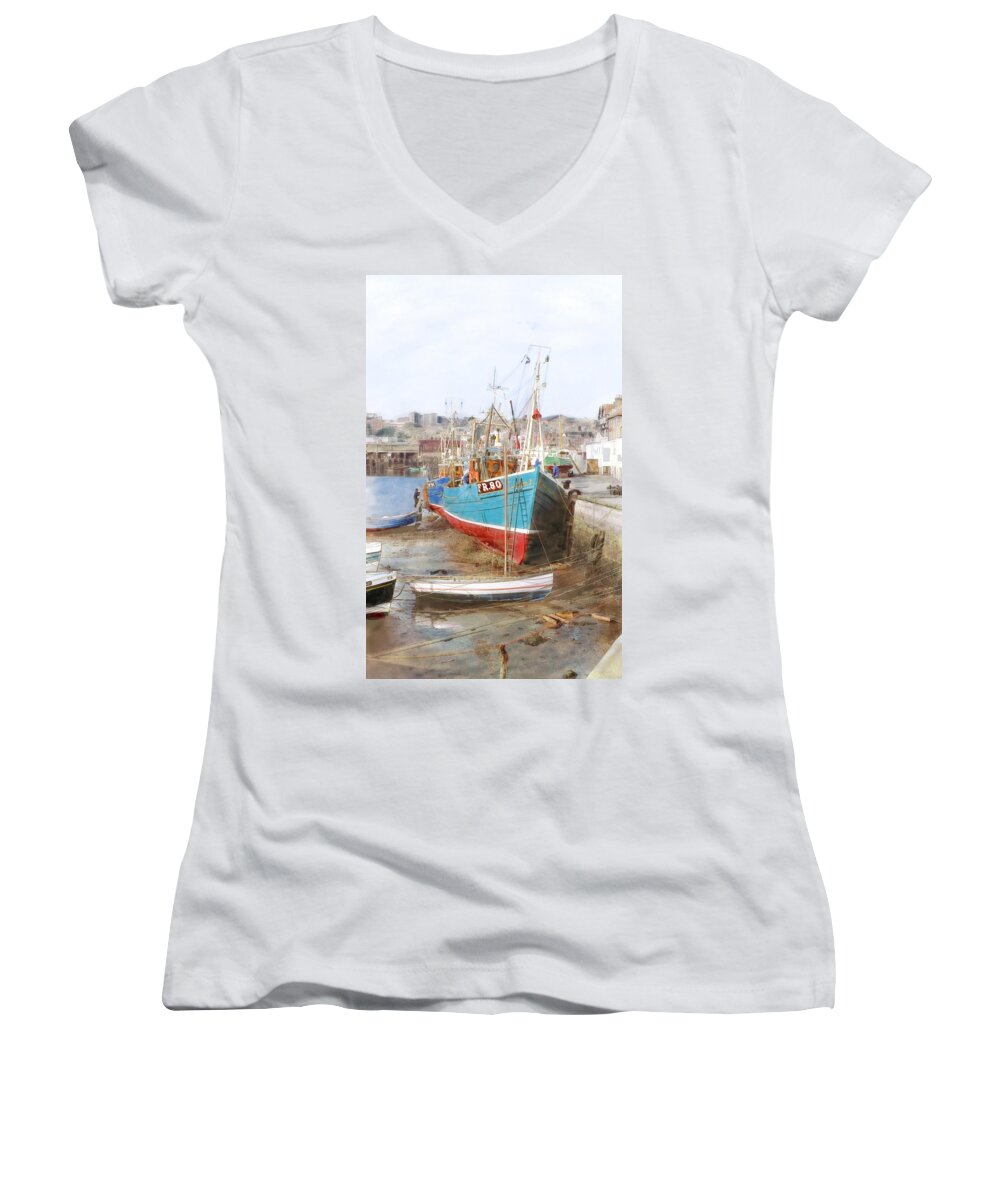 Fishing Women's V-Neck featuring the photograph Scarborough Harbour by Ron Harpham