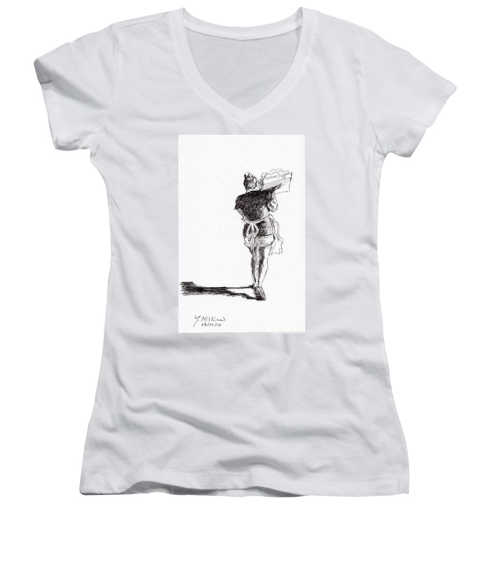 Woman Women's V-Neck featuring the drawing Scribble 004 by Yoshiko Mishina
