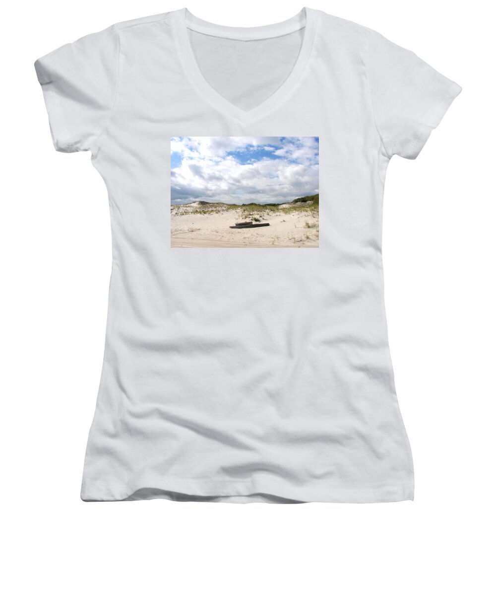 Sand Women's V-Neck featuring the photograph Seaside Driftwood and Dunes by Pamela Hyde Wilson